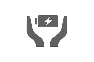Значок с логотипом Battery Care, на котором видно две руки, удерживающие заряжаемый аккумулятор.